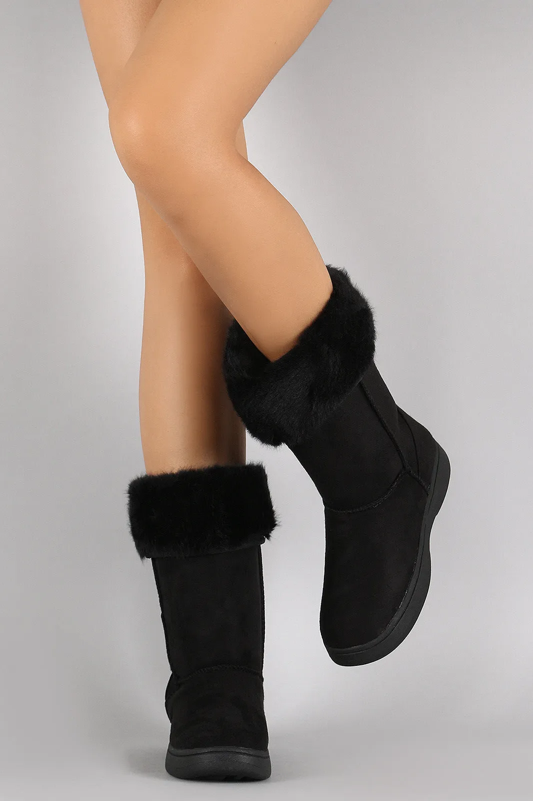 Bamboo Suede Fur Cuff Mid Calf Flat Boots