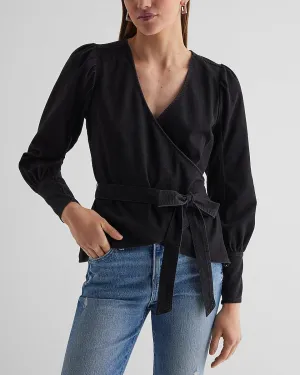 Denim V-Neck Puff Sleeve Faux Wrap Front Top in Dark Wash