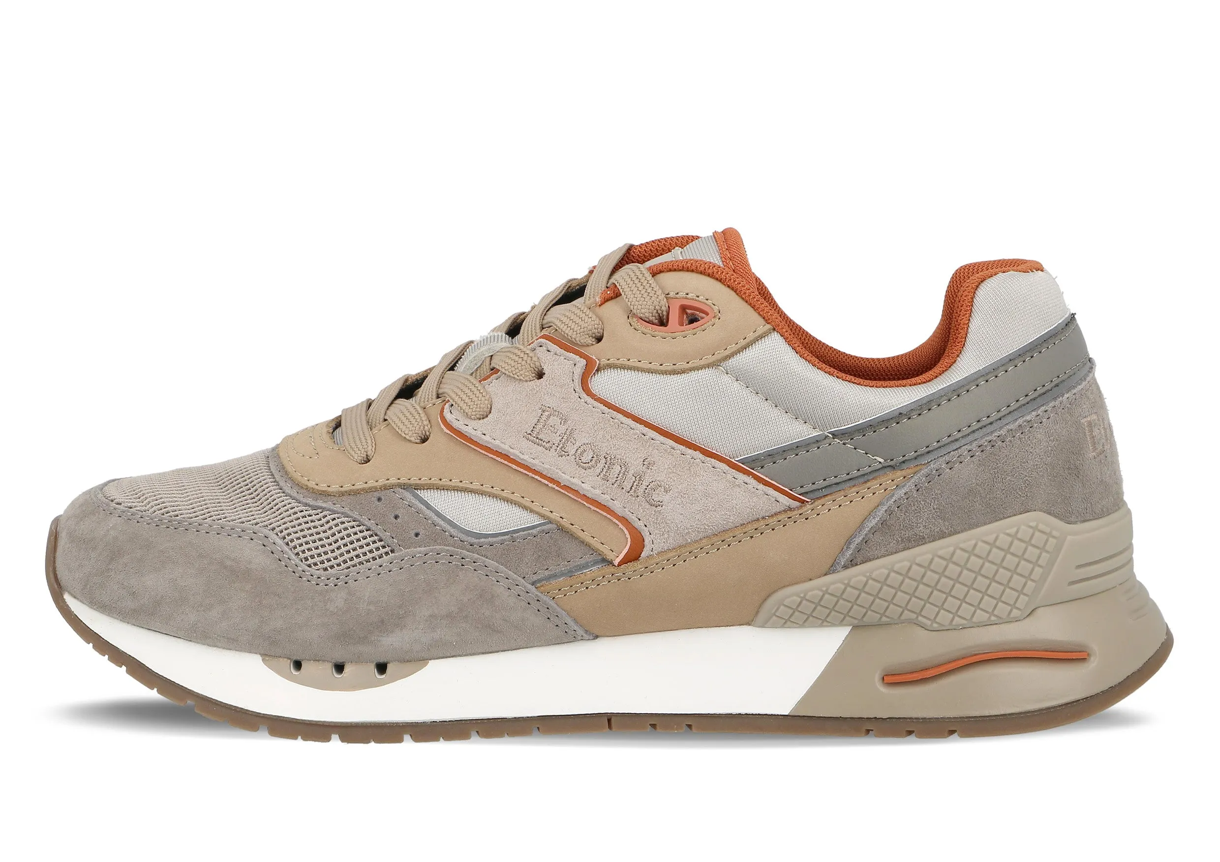 Etonic Stable Base sneakers in dark beige and light grey mesh fabric, dark beige suede with multi-layer caramel leather inserts and red details.