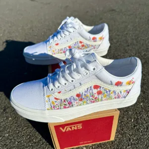 Flower Field White Vans Old Skool Shoes