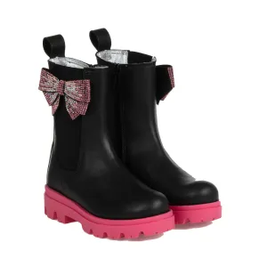 Girls Black Leather Bow Boots