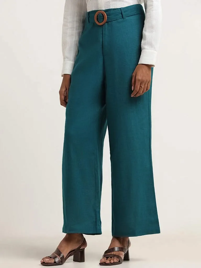 LOV Teal High-Waist Blended Linen Trousers With Fabric Belt