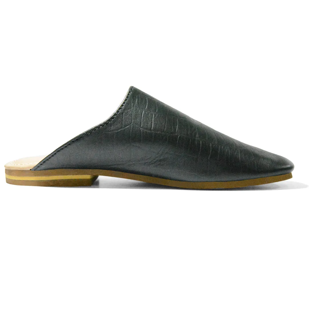 The Leather Square Toe Mule - Black Croc Print - Size 3