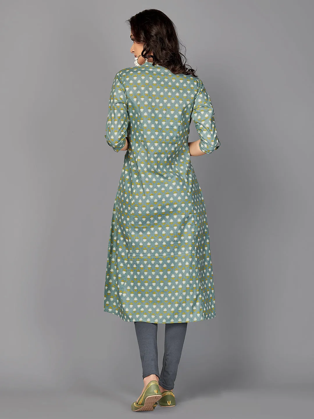 Women'S Floral Print A-Line Cotton Teal Stitched Kurta With Multiple Slit