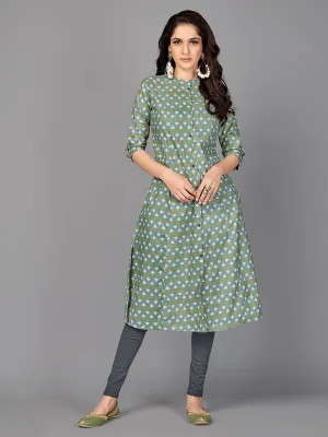 Women'S Floral Print A-Line Cotton Teal Stitched Kurta With Multiple Slit