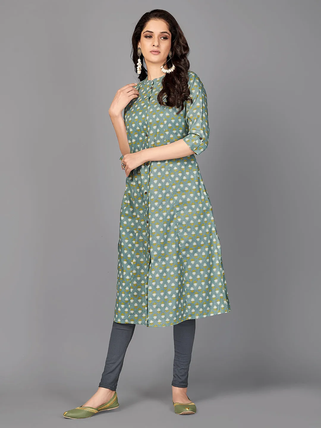 Women'S Floral Print A-Line Cotton Teal Stitched Kurta With Multiple Slit