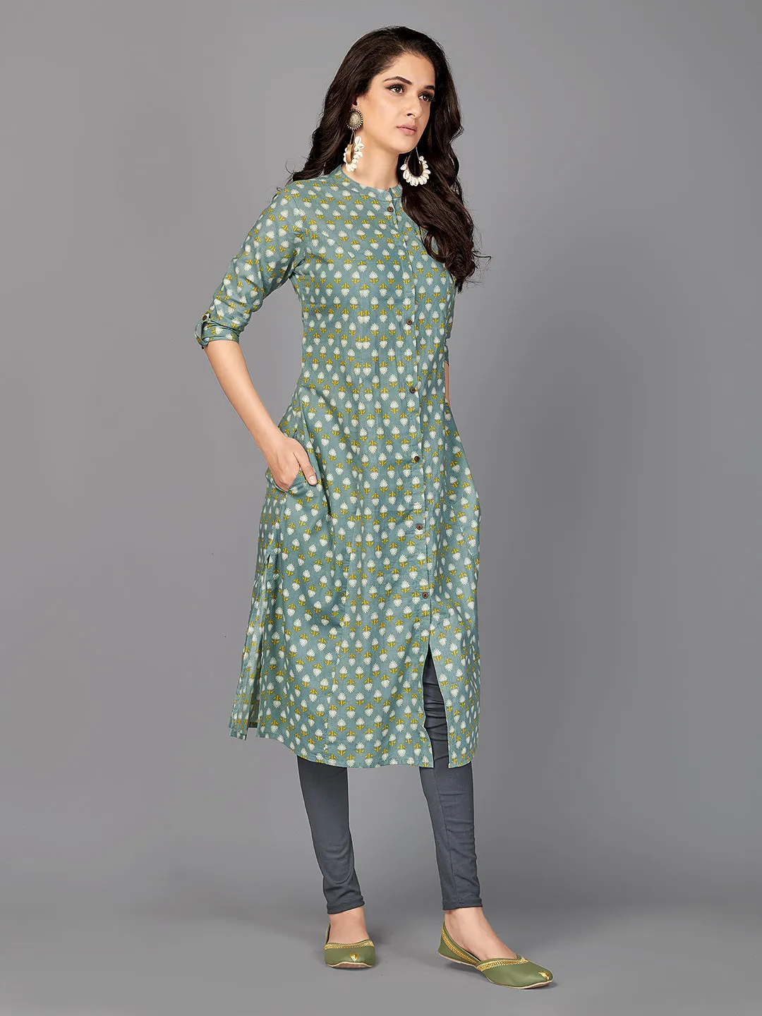 Women'S Floral Print A-Line Cotton Teal Stitched Kurta With Multiple Slit