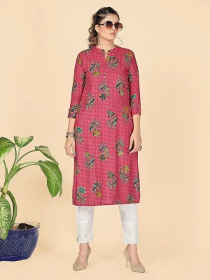 Women'S Foil Print Straight Rayon Pink Stitched Kurta