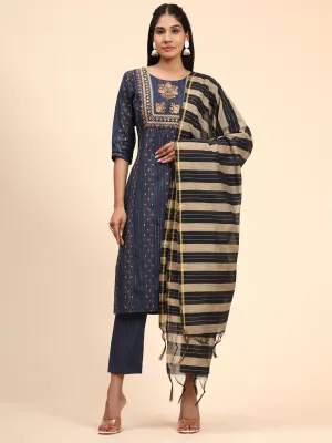 Women'S Print & Embroidered Straight Cotton Blue Stitched Kurta Pant With Dupatta