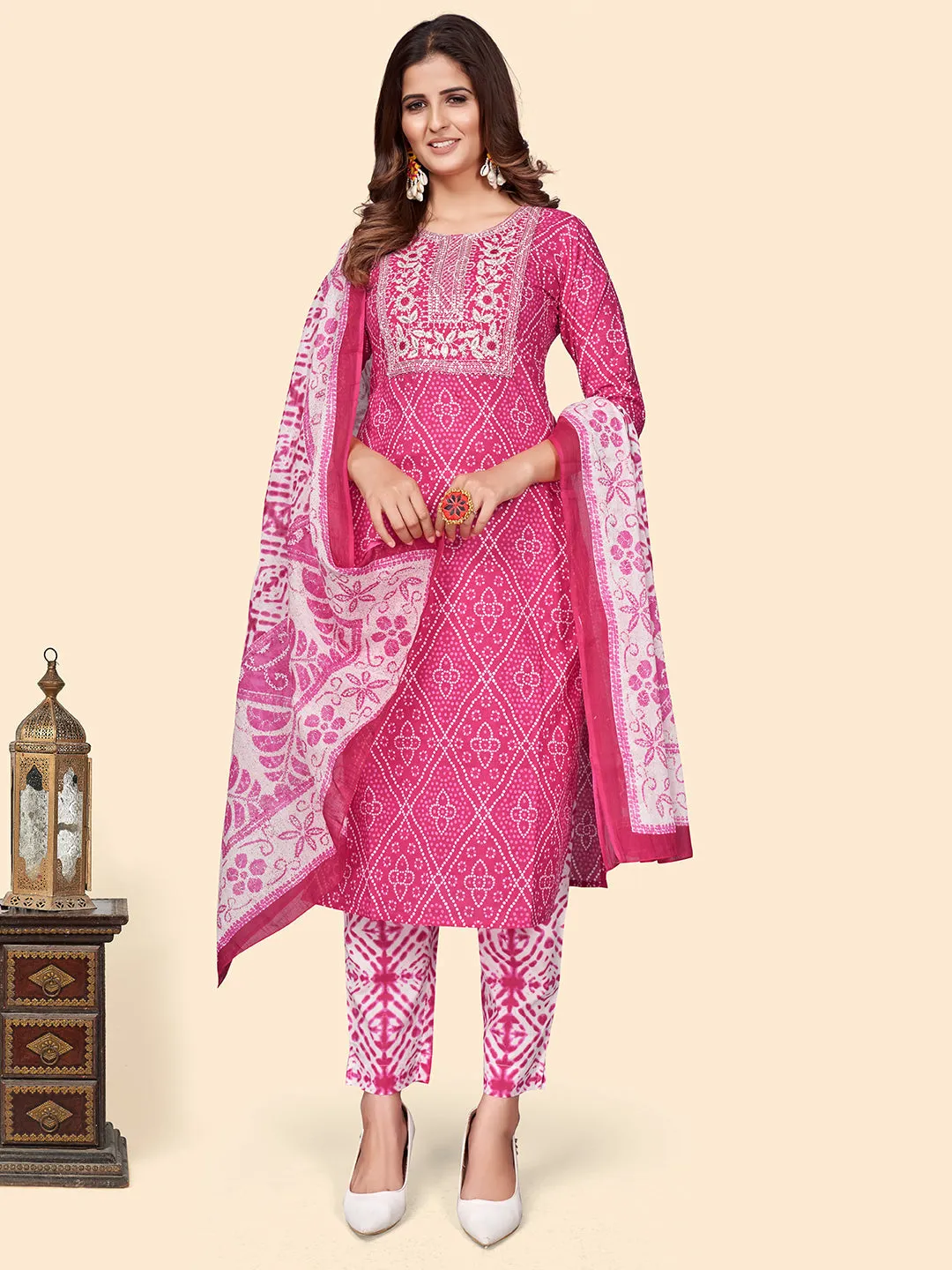 Women'S Print & Embroidered Straight Cotton Dark Pink Stitched Kurta Pant With Dupatta