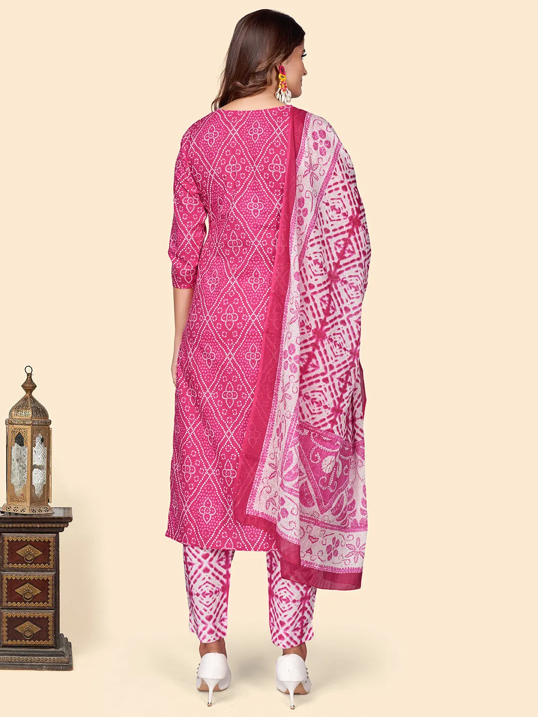 Women'S Print & Embroidered Straight Cotton Dark Pink Stitched Kurta Pant With Dupatta