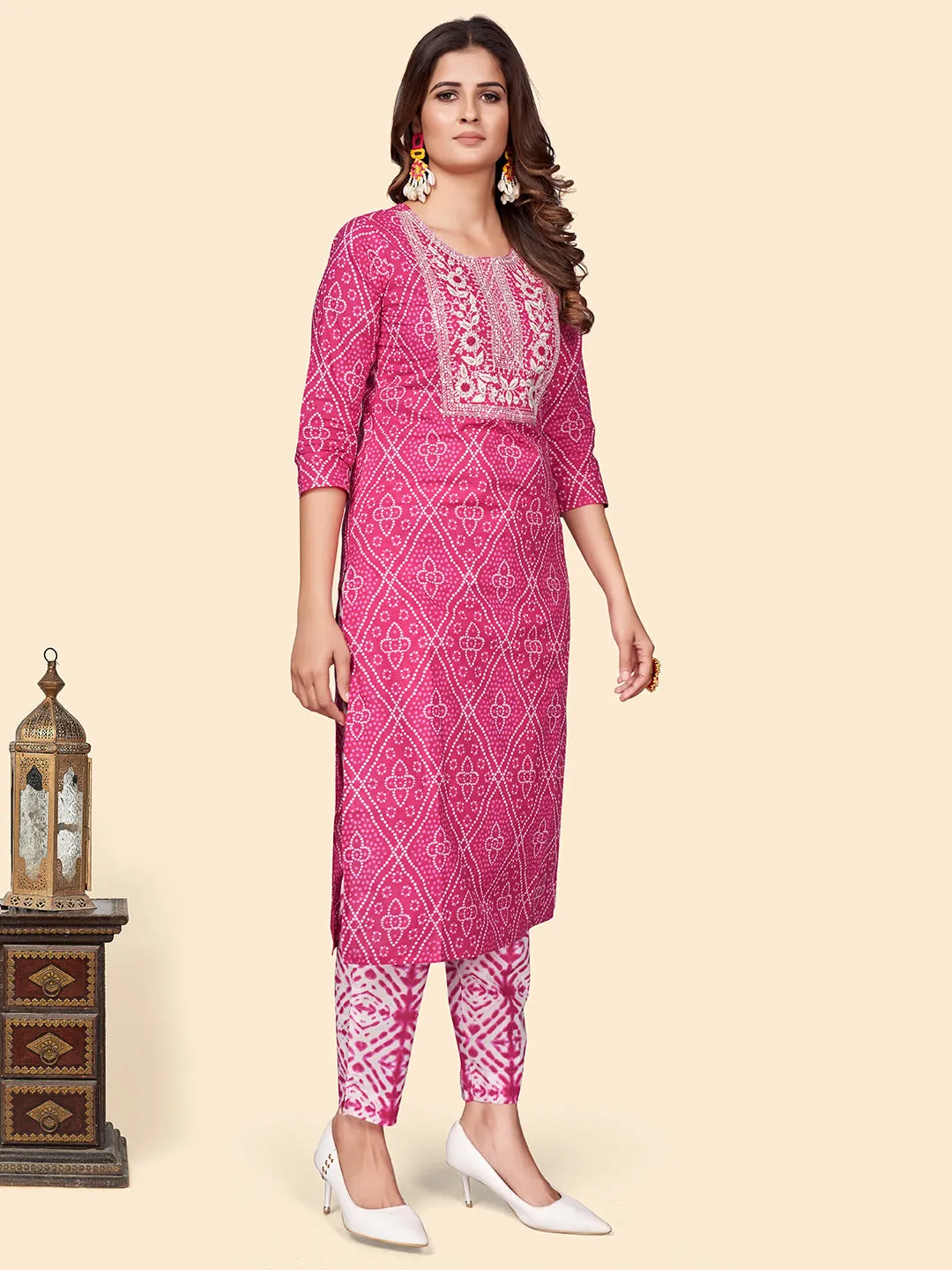 Women'S Print & Embroidered Straight Cotton Dark Pink Stitched Kurta Pant With Dupatta