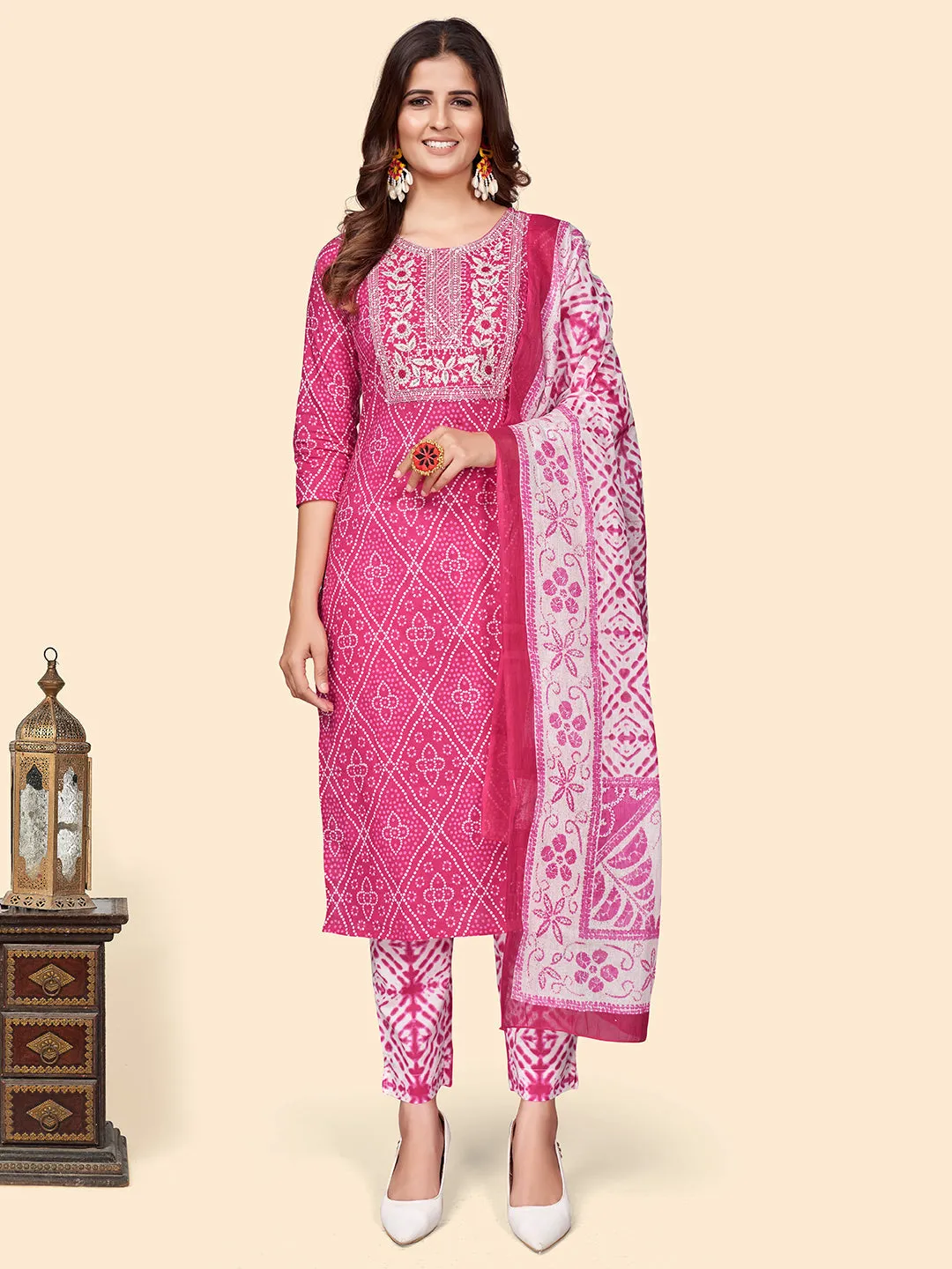 Women'S Print & Embroidered Straight Cotton Dark Pink Stitched Kurta Pant With Dupatta