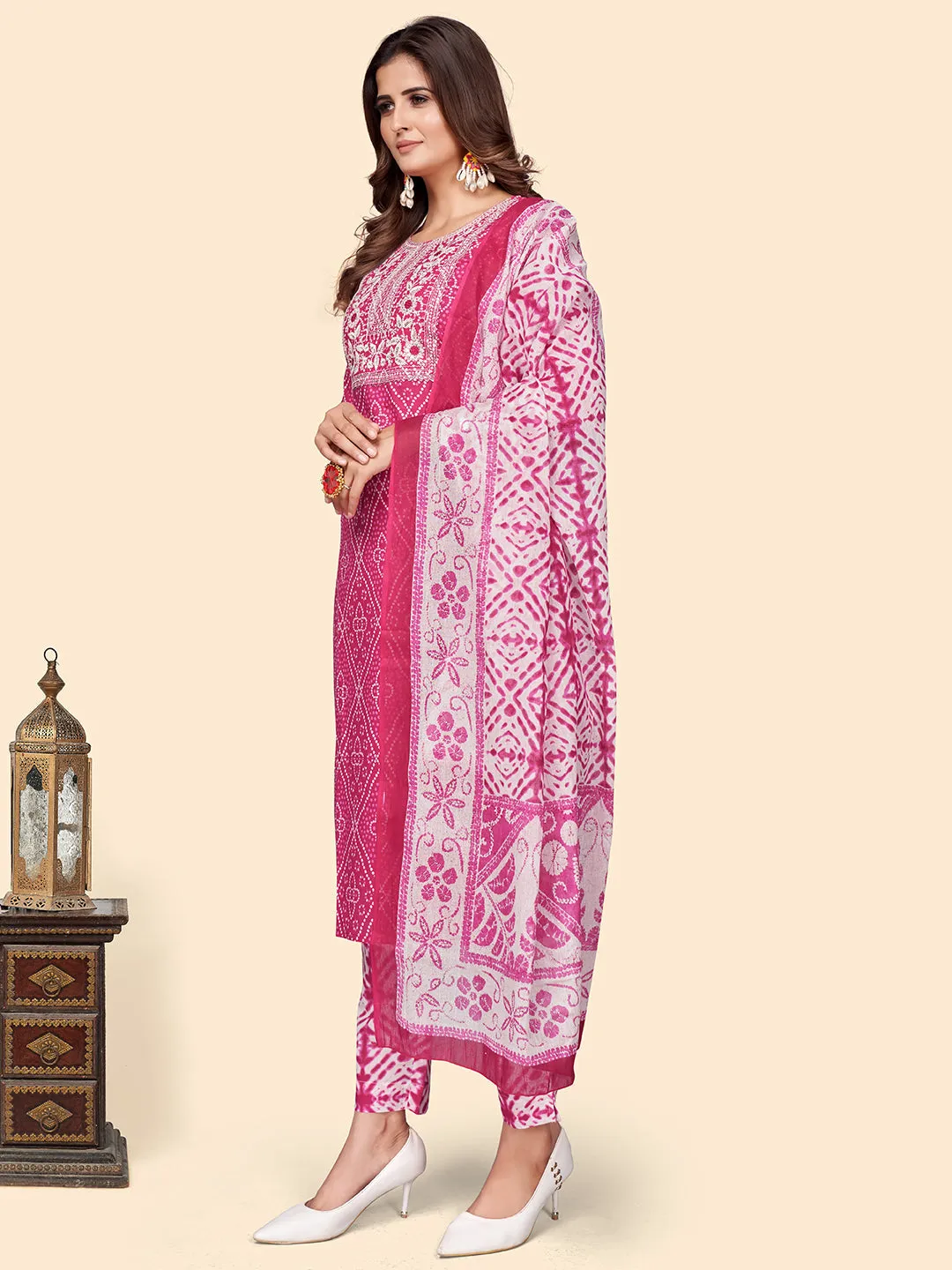 Women'S Print & Embroidered Straight Cotton Dark Pink Stitched Kurta Pant With Dupatta