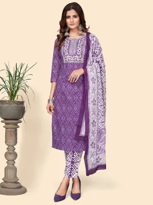 Women'S Print & Embroidered Straight Cotton Lavender Stitched Kurta Pant With Dupatta