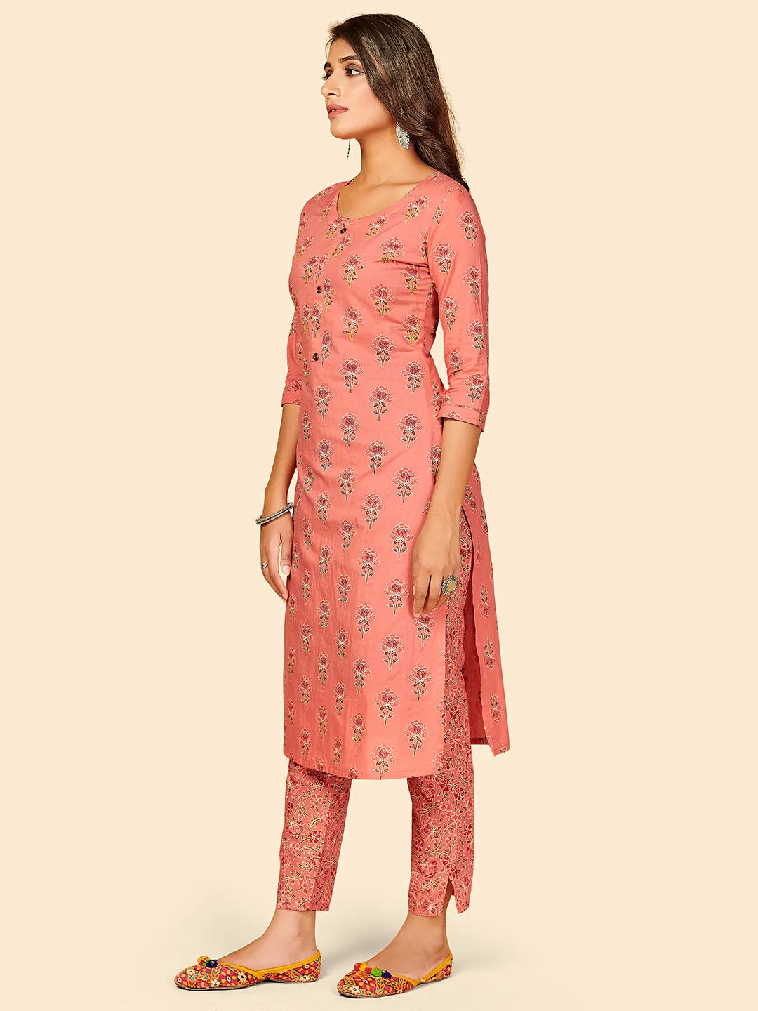 Women'S Printed & Hand Work Straight Cotton Peach Stitched Kurta With Pant