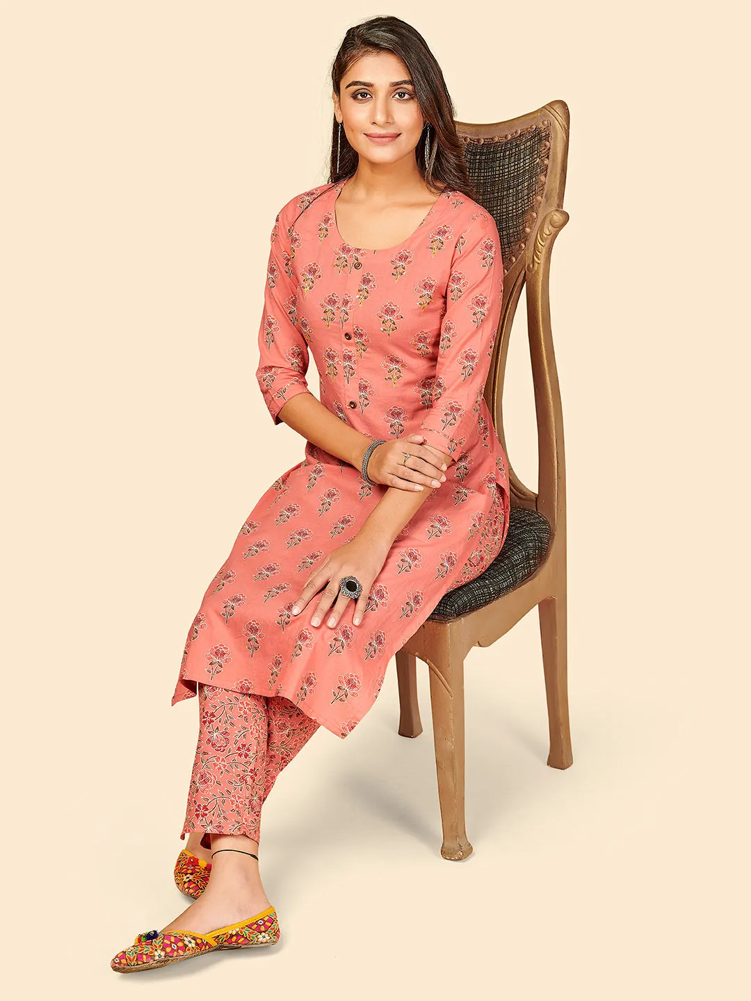 Women'S Printed & Hand Work Straight Cotton Peach Stitched Kurta With Pant