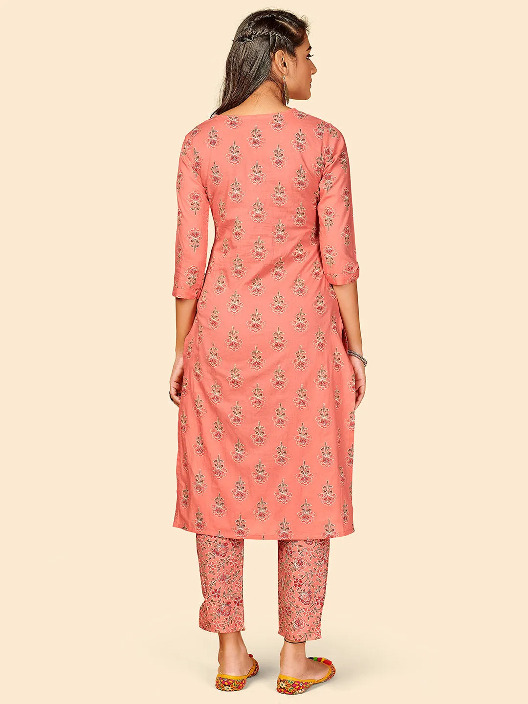 Women'S Printed & Hand Work Straight Cotton Peach Stitched Kurta With Pant