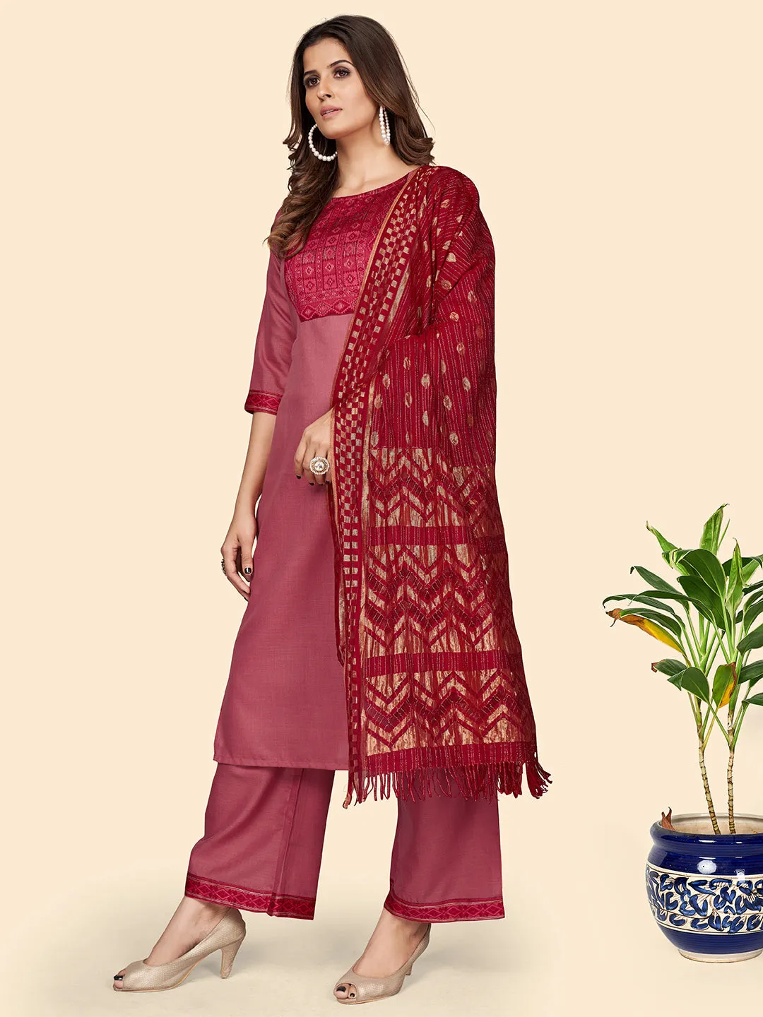 Women'S Printed Straight Cotton Blend Pink Stitched Kurta Palazzo With Dupatta