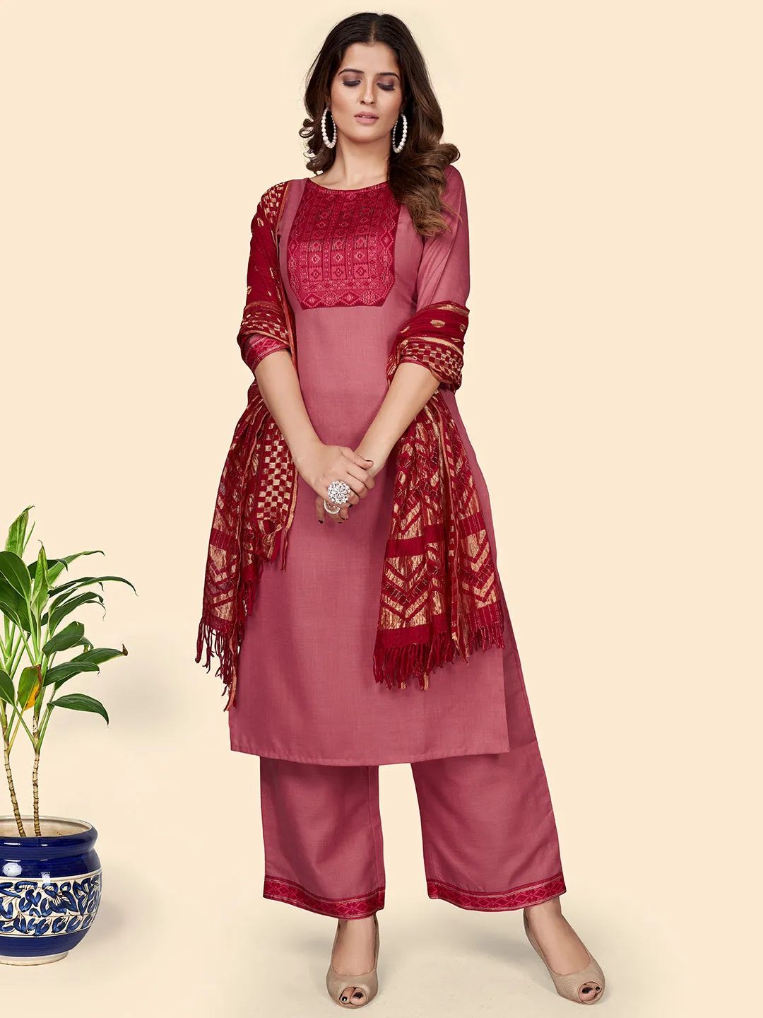 Women'S Printed Straight Cotton Blend Pink Stitched Kurta Palazzo With Dupatta