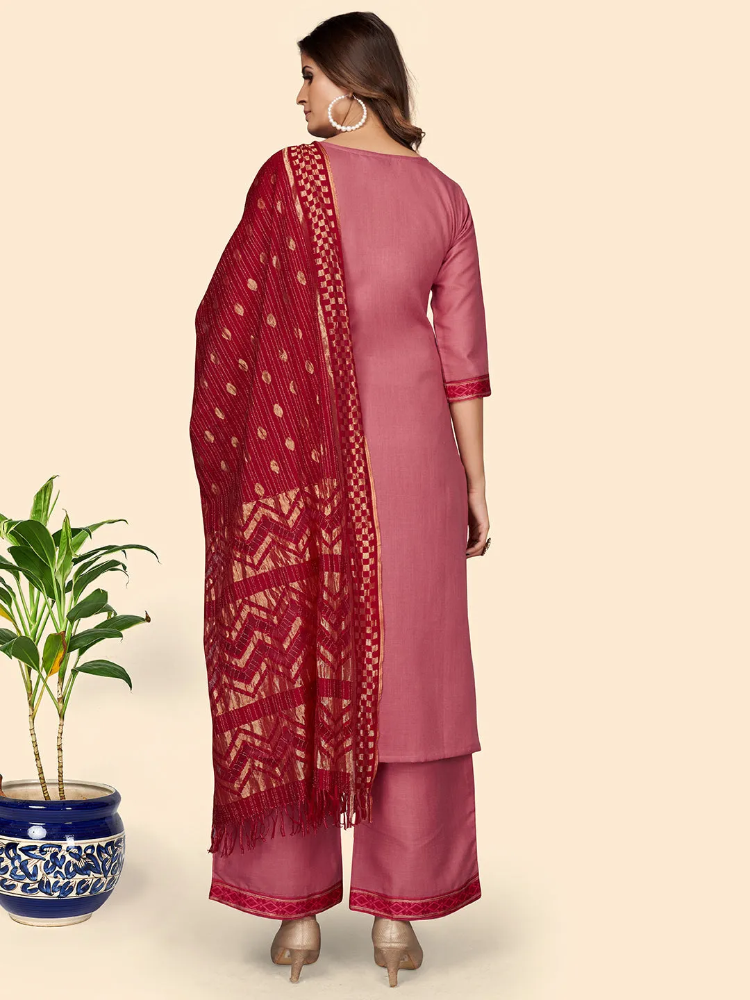 Women'S Printed Straight Cotton Blend Pink Stitched Kurta Palazzo With Dupatta