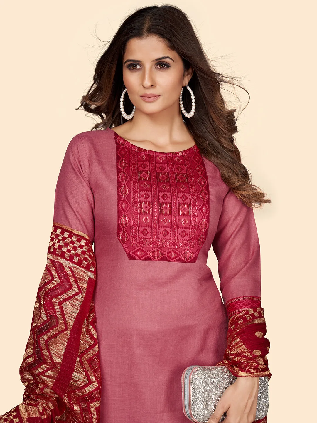 Women'S Printed Straight Cotton Blend Pink Stitched Kurta Palazzo With Dupatta