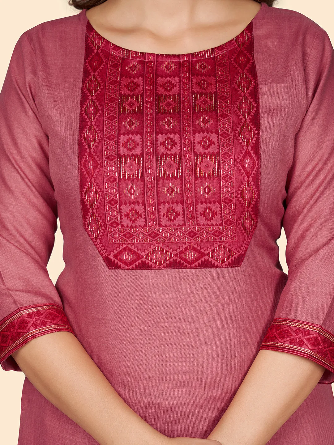 Women'S Printed Straight Cotton Blend Pink Stitched Kurta Palazzo With Dupatta