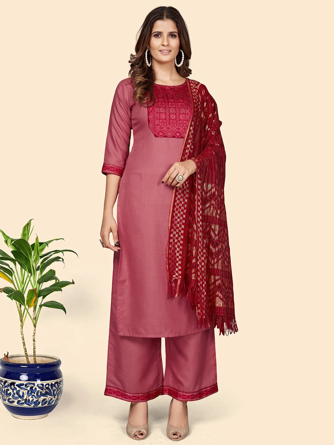 Women'S Printed Straight Cotton Blend Pink Stitched Kurta Palazzo With Dupatta