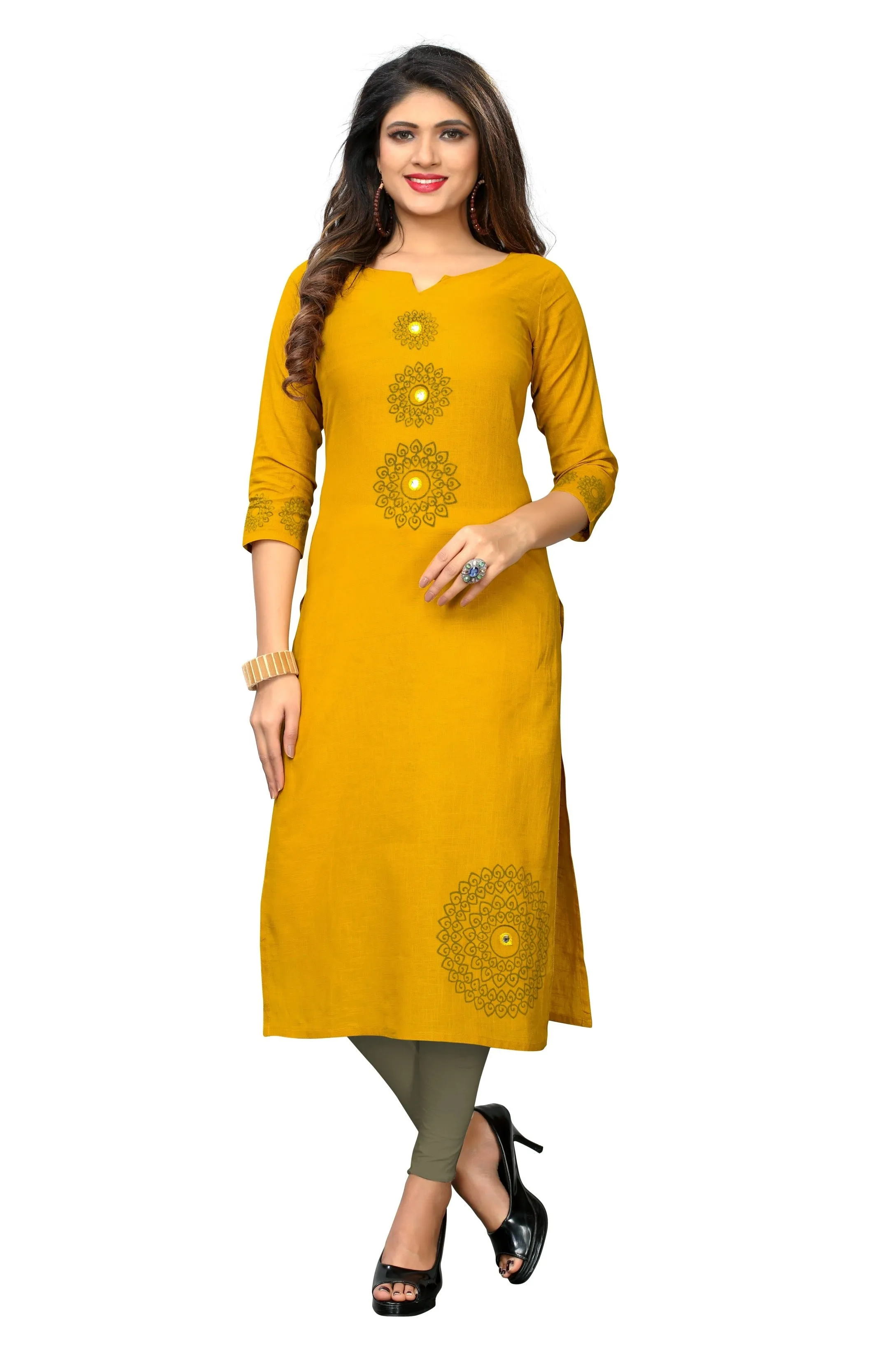 Women'S Yellow Color Slub Cotton Straight Kurta Only