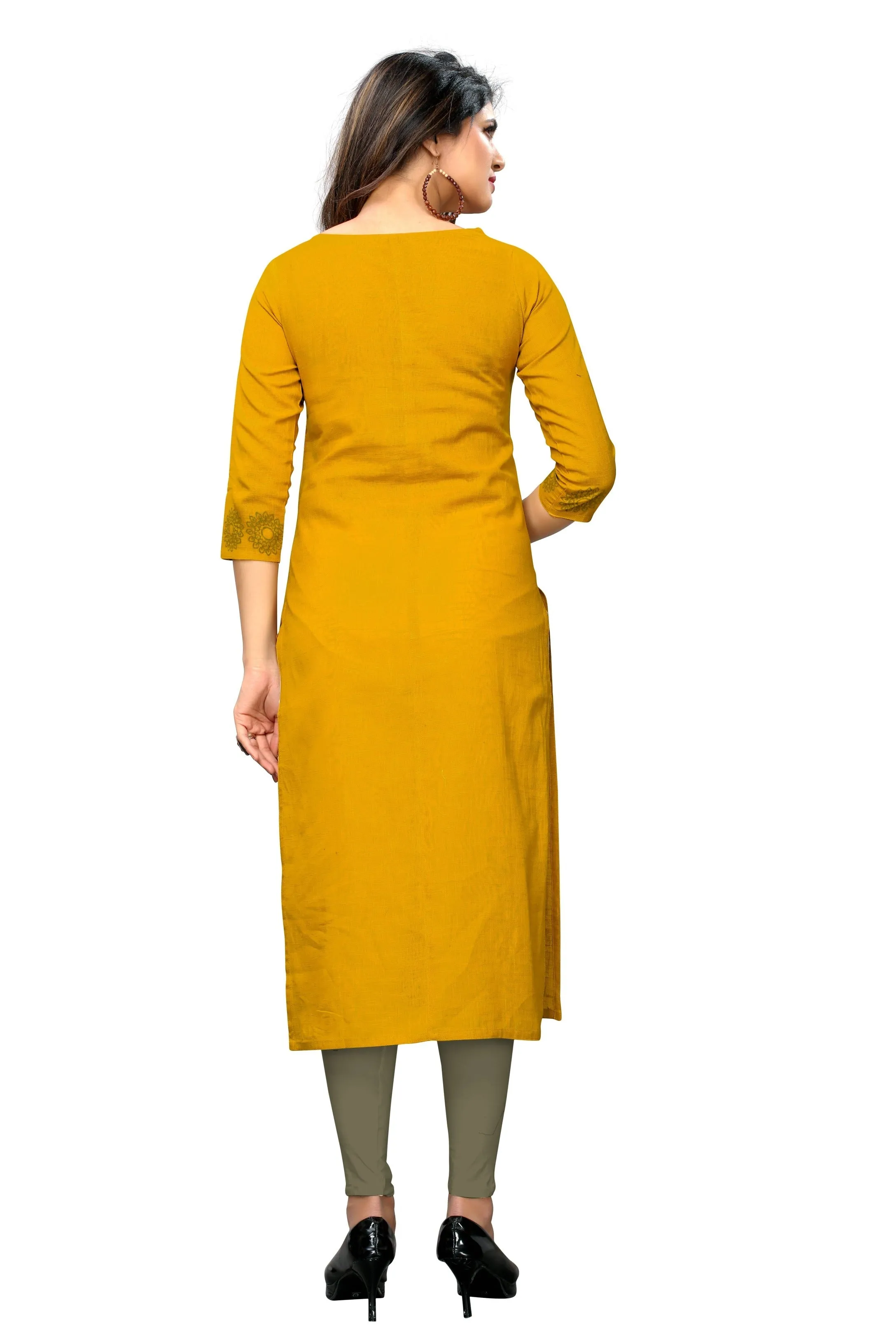 Women'S Yellow Color Slub Cotton Straight Kurta Only