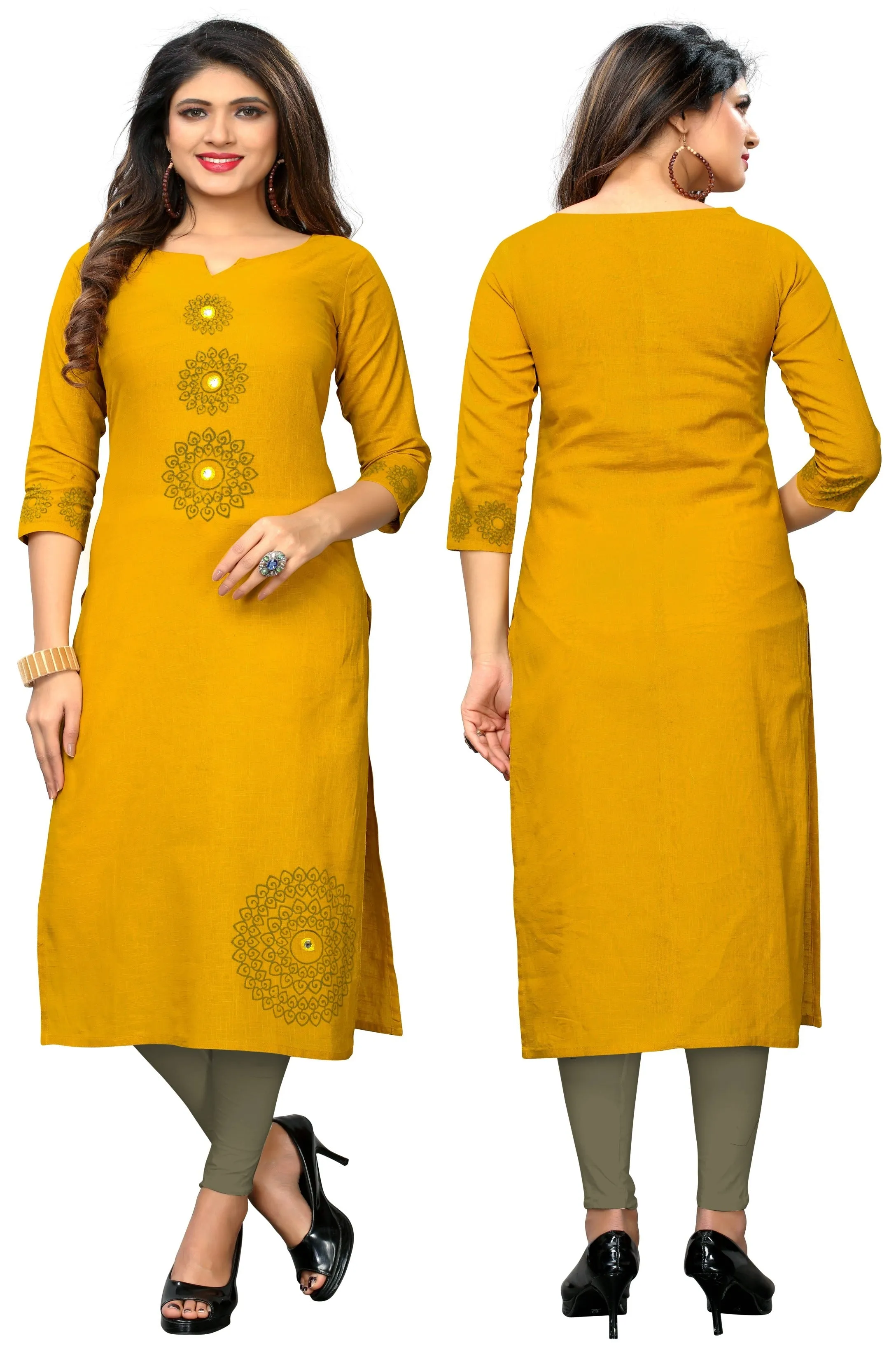 Women'S Yellow Color Slub Cotton Straight Kurta Only