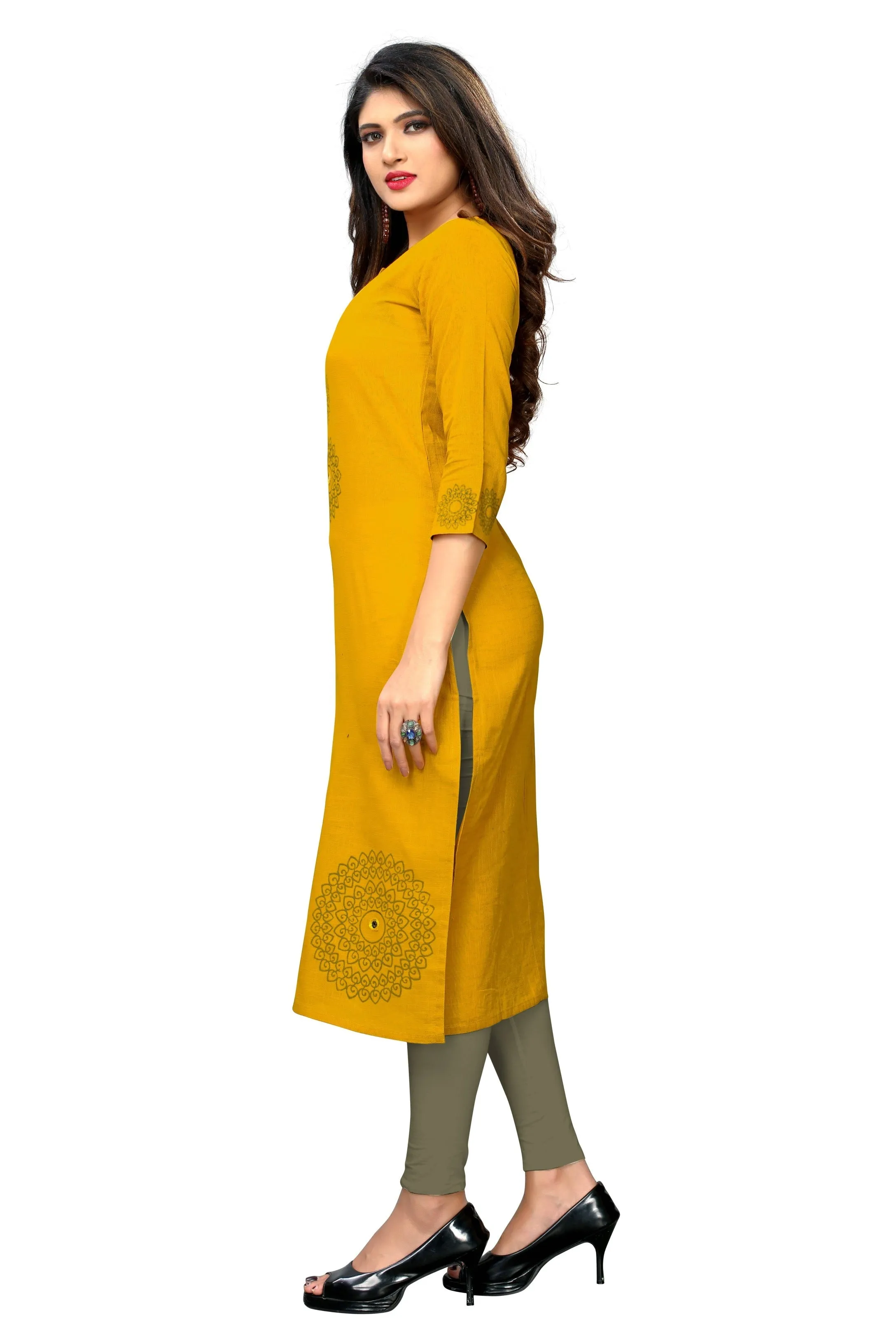 Women'S Yellow Color Slub Cotton Straight Kurta Only